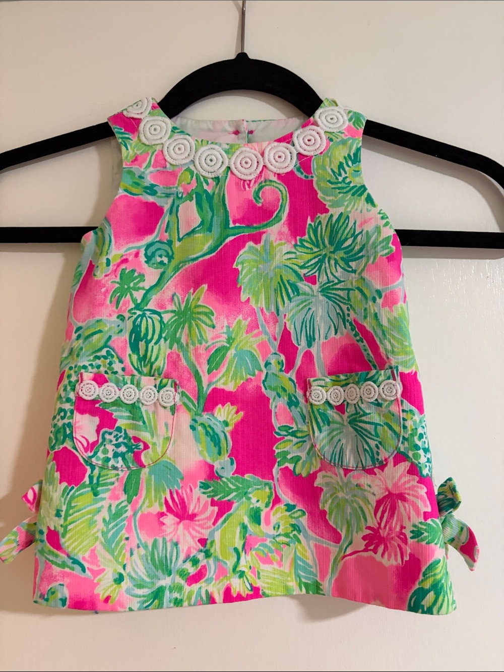 Lilly Pulitzer Pink Dress with Green Palm Motif and White Trim